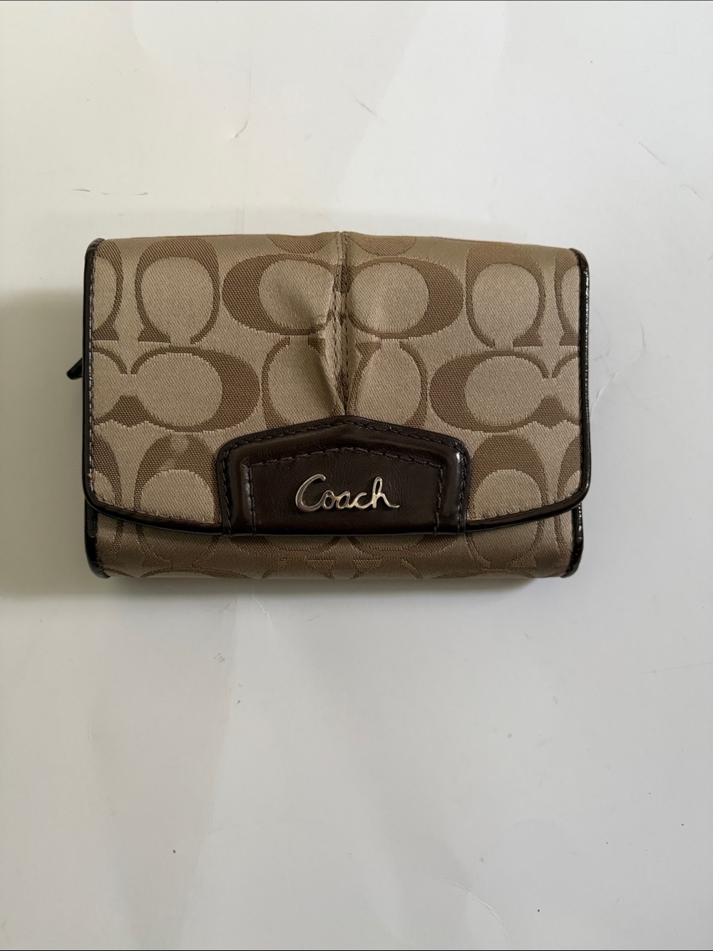 Coach Signature Canvas Trifold Wallet - Beige and Dark Brown